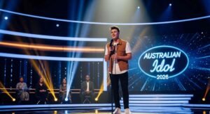 Young singer performing under a spotlight on the Australian Idol 2026 stage, with judges watching and audience lights in the background — capturing emotion and star power.