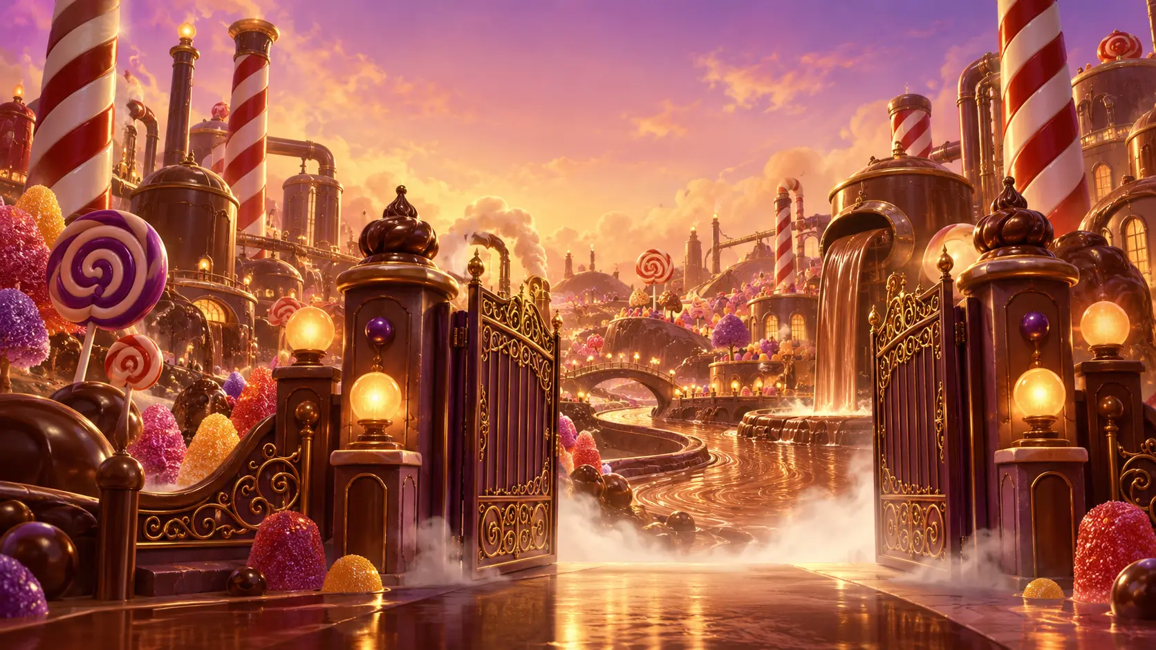 Illustrated chocolate factory interior with candy-cane pillars and an open golden gate, promotional artwork for Netflix's Wonka's The Golden Ticket
